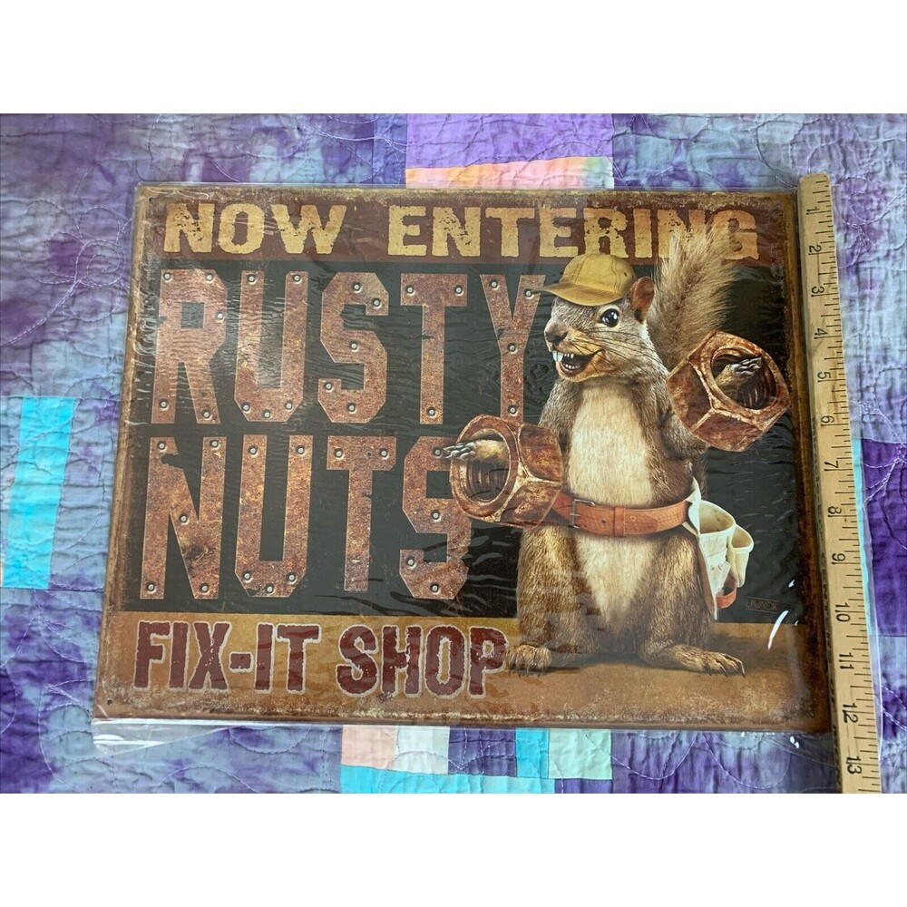 Funny Metal Tin Sign RUSTY NUTS FIX-IT SHOP For Man Cave Shop Home Decor 16x12.5 - Picture 3 of 3